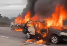 Carros são incendiados durante manifestação na Rio-Santos, em Itaguaí